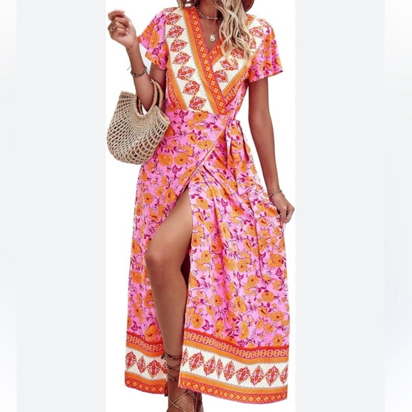 Floral Pink and Orange Wrap Dress - Picture 1 of 4